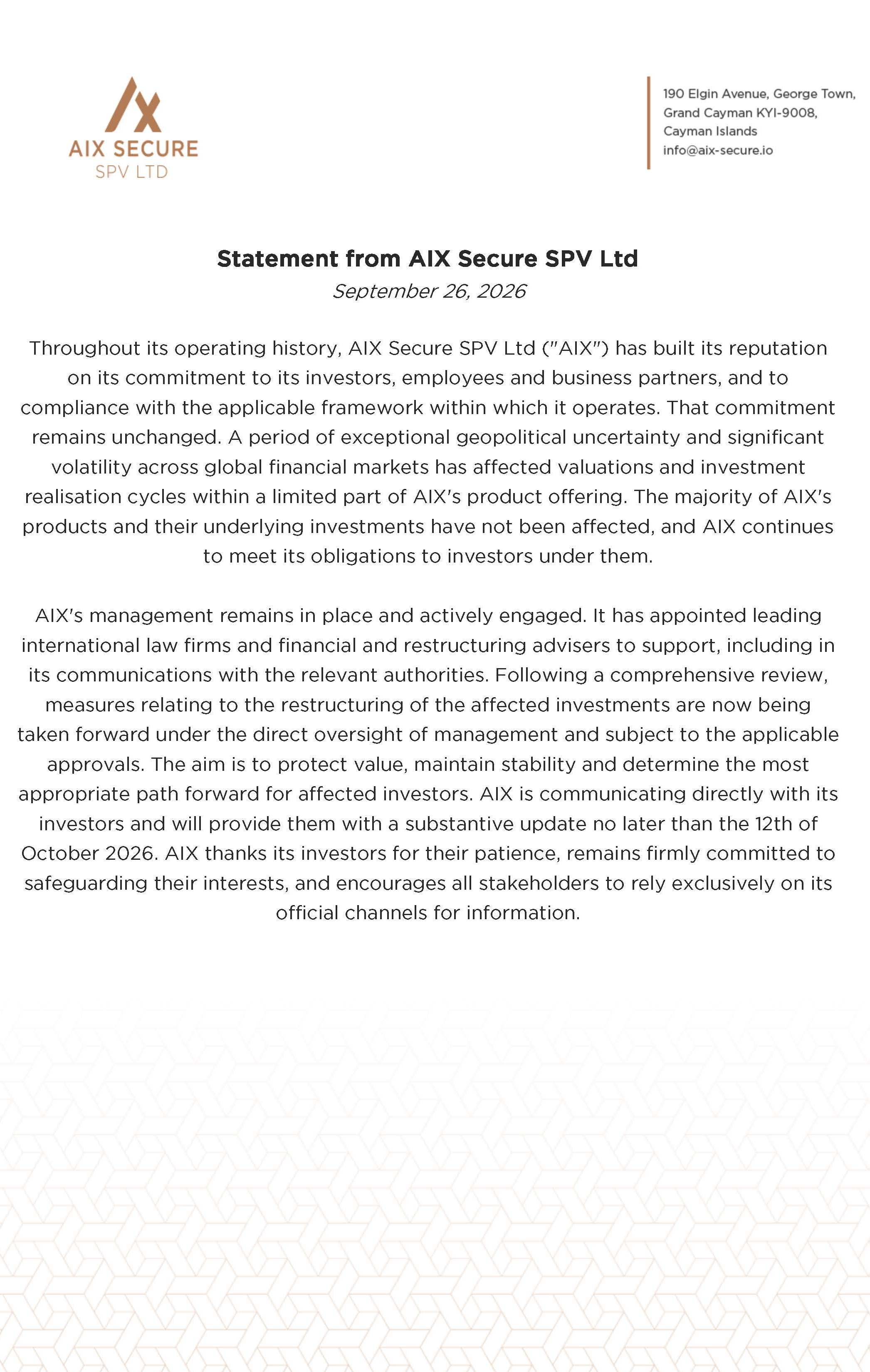 , Statement from AIX Secure SPV Ltd