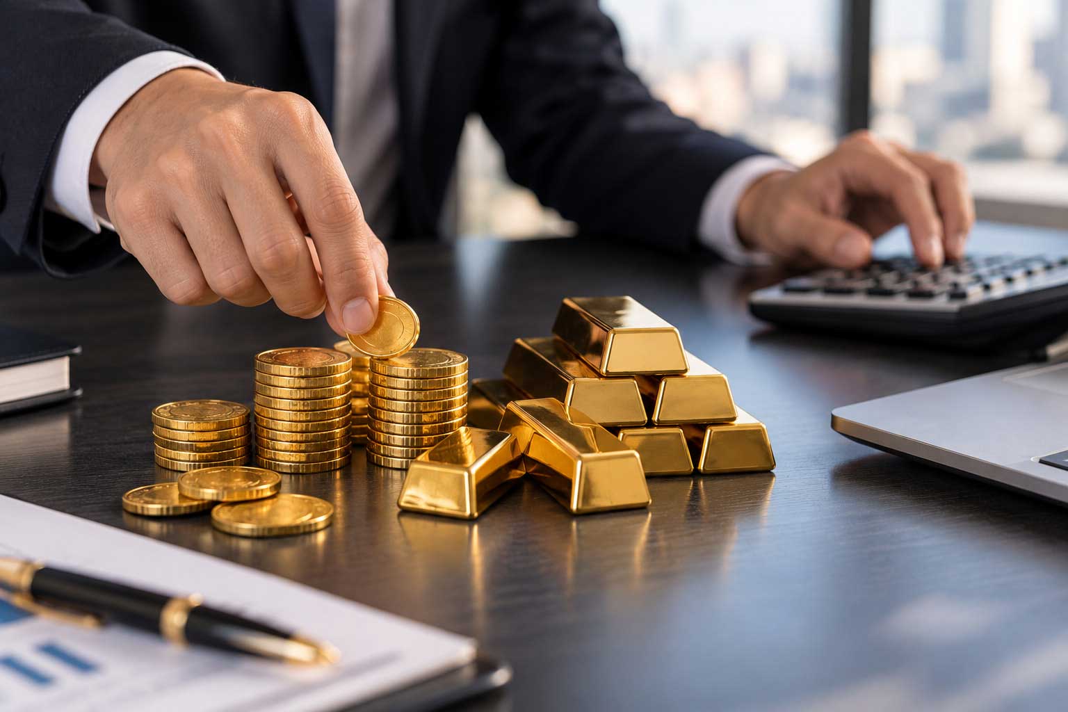 Invest in gold with physical bullion, coins, and financial planning in a professional setting.