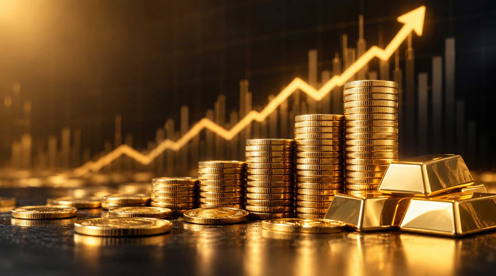 Gold coins and bars illustrating risks and costs of investing in gold.